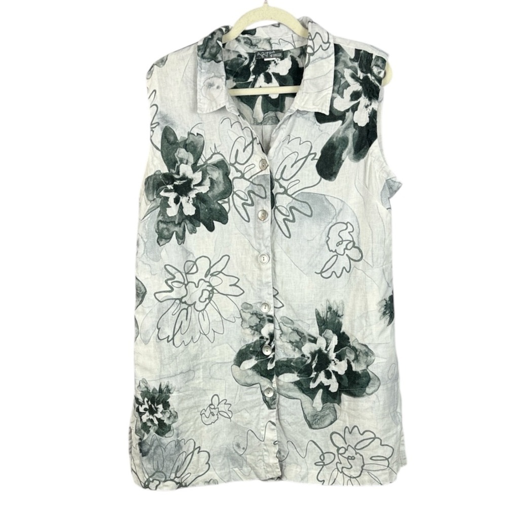 Dolcezza Simply Art 100% Linen Floral Sleeveless Button Down Tunic Vest Large